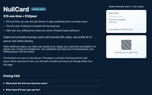 NullCard digital business card preview