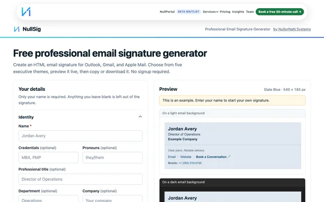 NullSig email signature generator preview